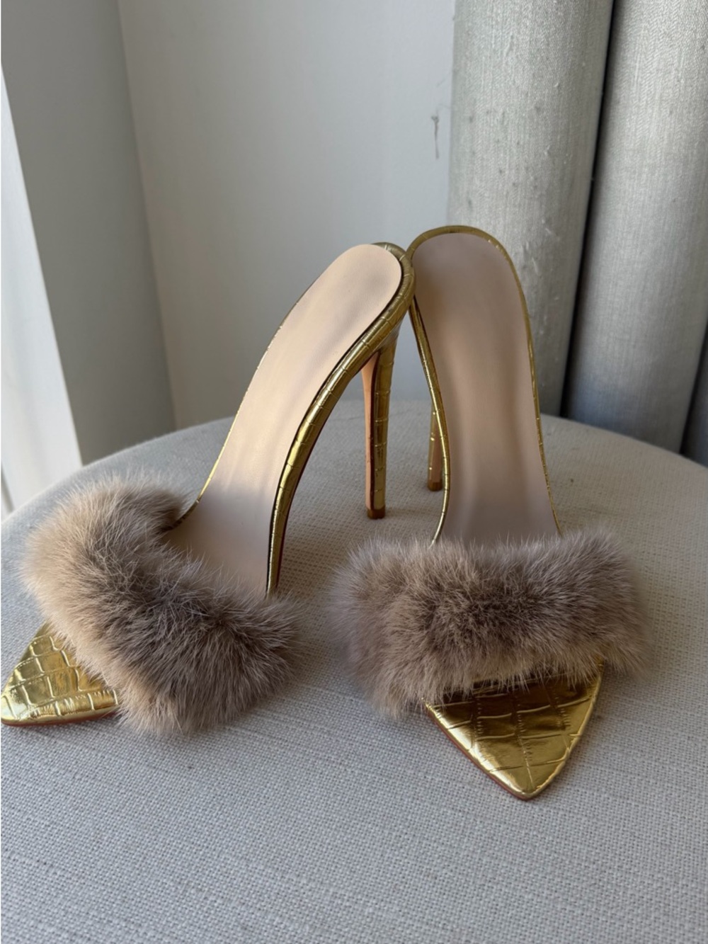 Gold Stiletto Mule with Taupe Fur Trim - Women's Luxury Slide - Picture 13 of 13